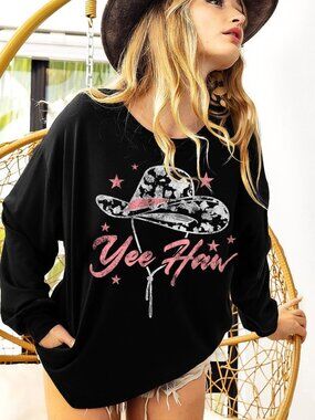 Jersey Knit Pull Over With Cowboy Hat Graphic w/Pockets